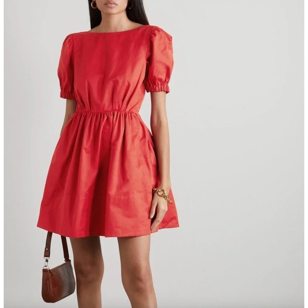 NWT STAUD Alix Red Puff Sleeve Open Back Fit Flare Mini Dress Size 8 Balletcore